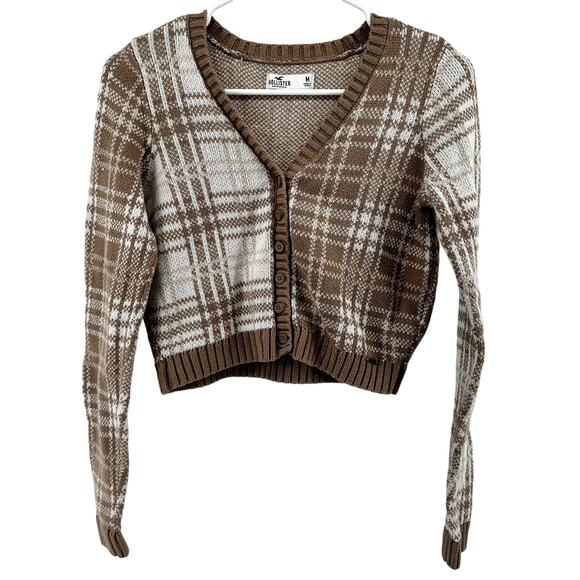 Hollister Sweater Plaid Cropped Button Up V Neck Knit Cardigan Brown and White M - Picture 2 of 5